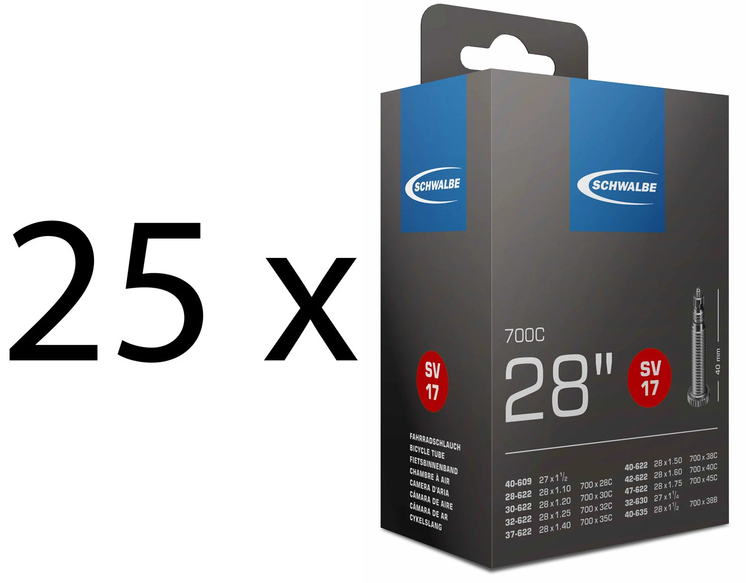 Schwalbe Chambre à Air SV 17 Pour 28" (25 Pièces) 3 Schwalbe Chambre à Air SV 17 Pour 28" (25 Pièces)